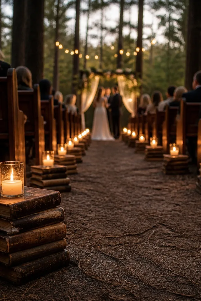 Weathered hymn books as bases with small candles on both sides of an aisle