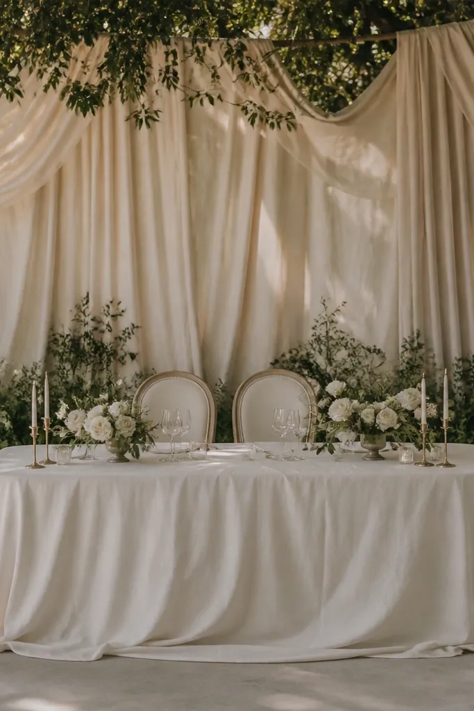 Cream linen backdrop behind sweetheart table with subtle folds and dark greenery