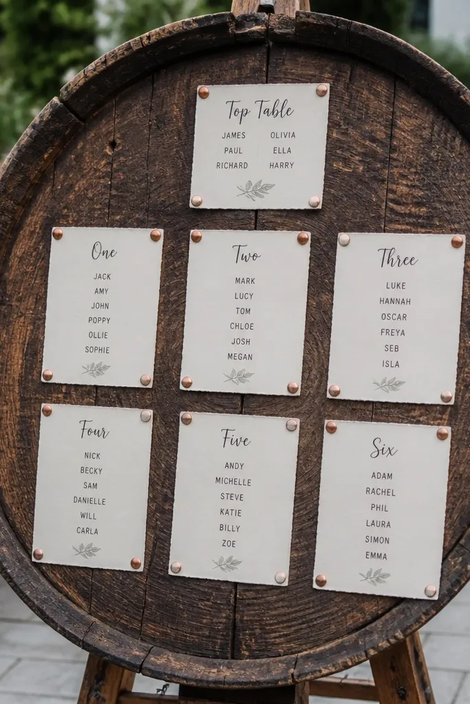 Round barrel-top seating plan board with copper pins and handwritten names