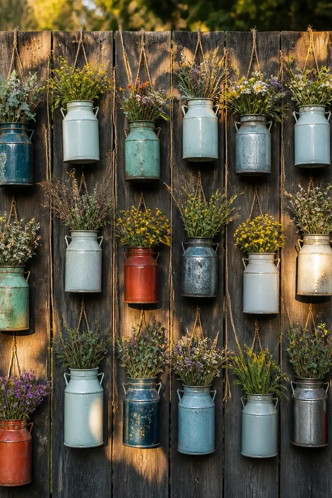Small vintage milk cans hanging on twine with wildflowers spilling out