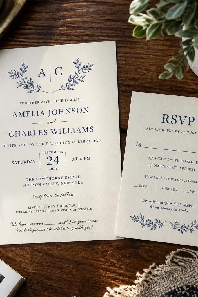 Invitation with guest names but no plus-one guidance, and separate insert with conflicting note