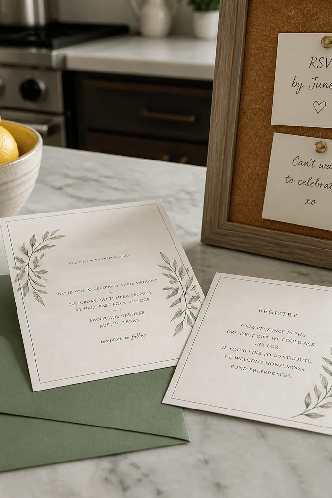 Invitation with a registry URL but no mention of no pressure or gifts preferences
