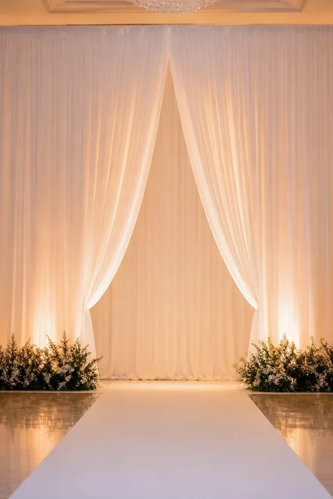 Ivory fabric curtain backdrop with a gap in the center and warm lights behind