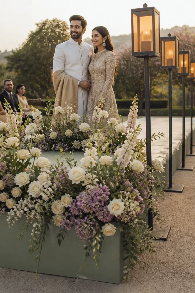 Low greenery floral block on stage with a row of lanterns across the front