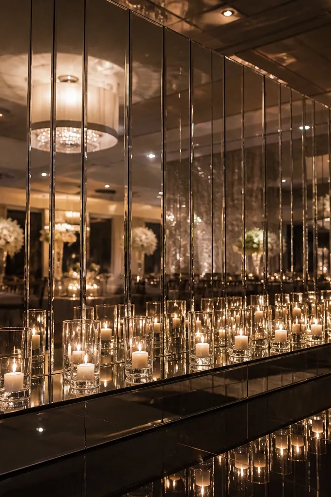 Clear acrylic mirror panel behind a straight line of candles on a stage