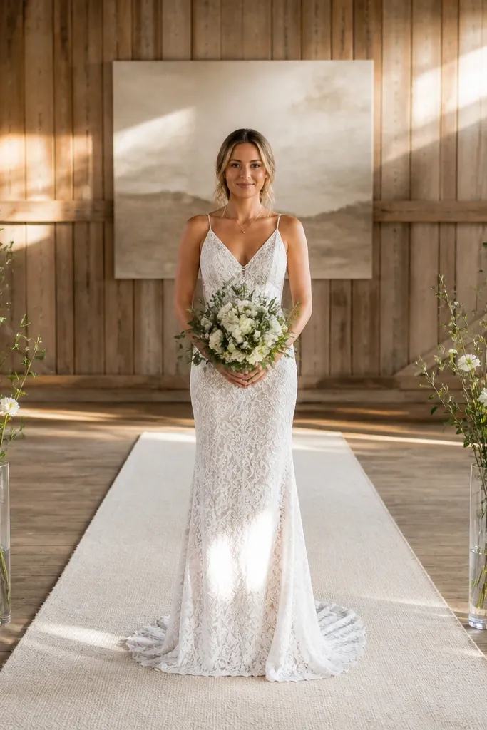 Minimal stage with a long runner and two matching side floral arrangements