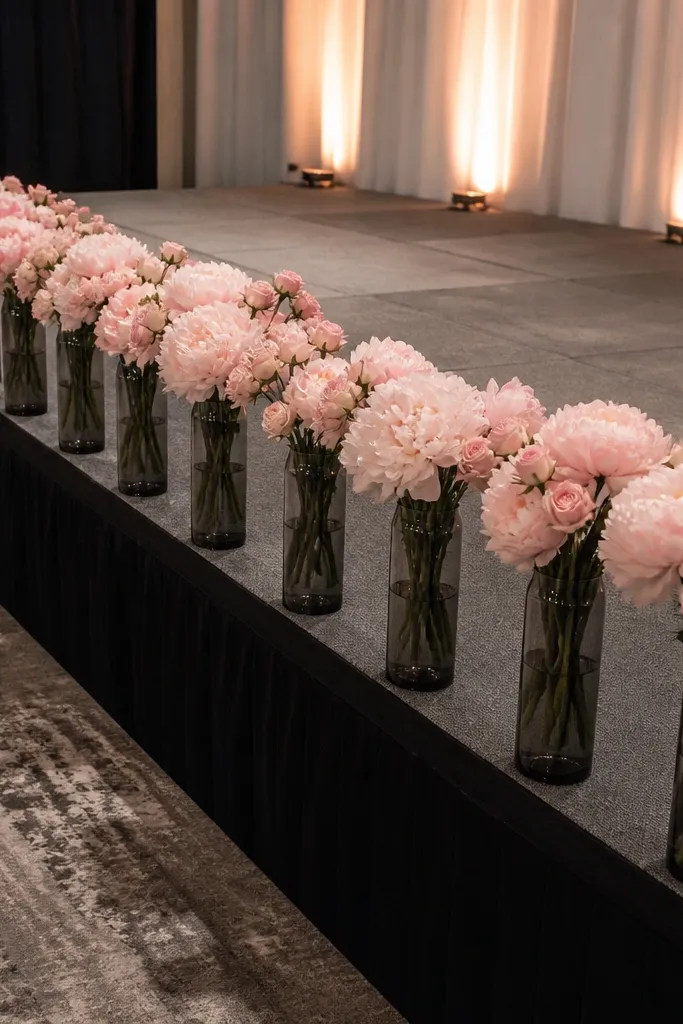 Slim vases in a straight row with single-color flowers on a minimalist stage