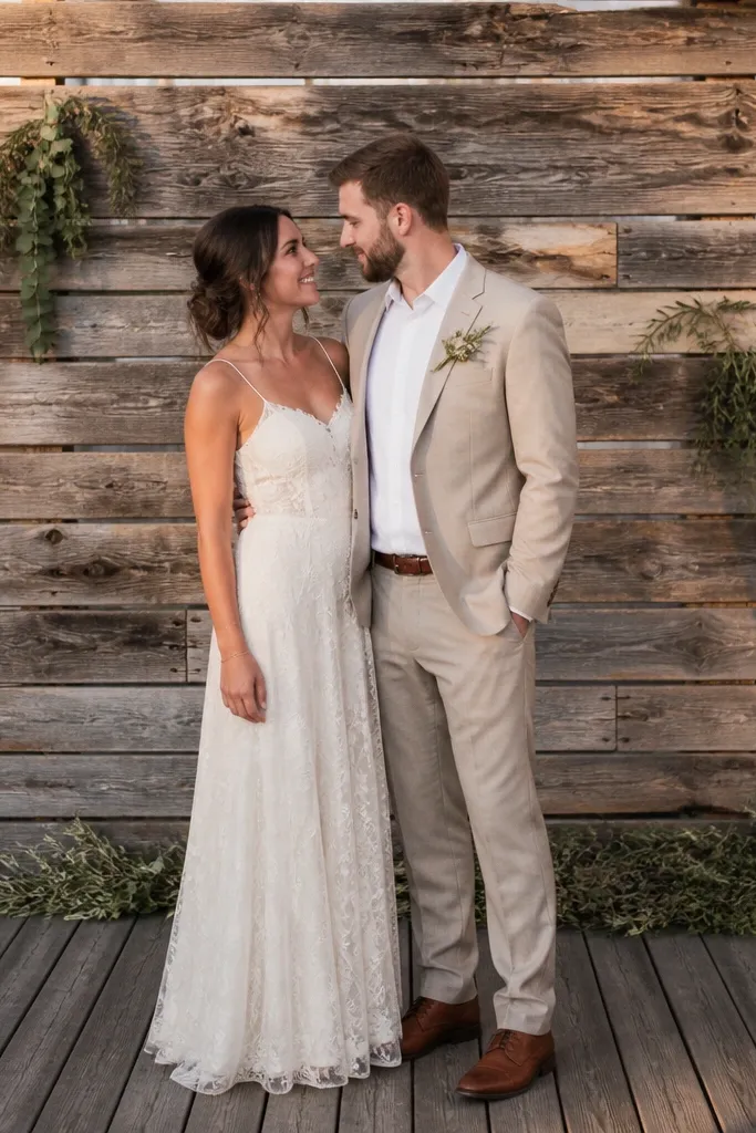 Reclaimed wood slat backdrop with sparse greenery accents and small candles