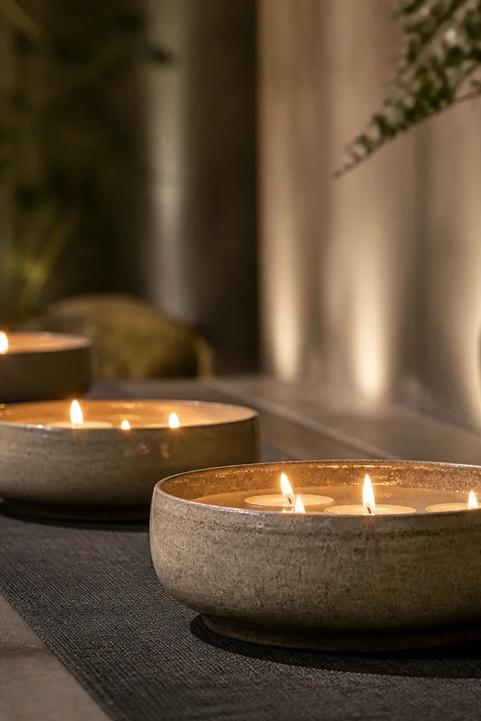 Stoneware bowls with water and floating candles on a minimalist stage