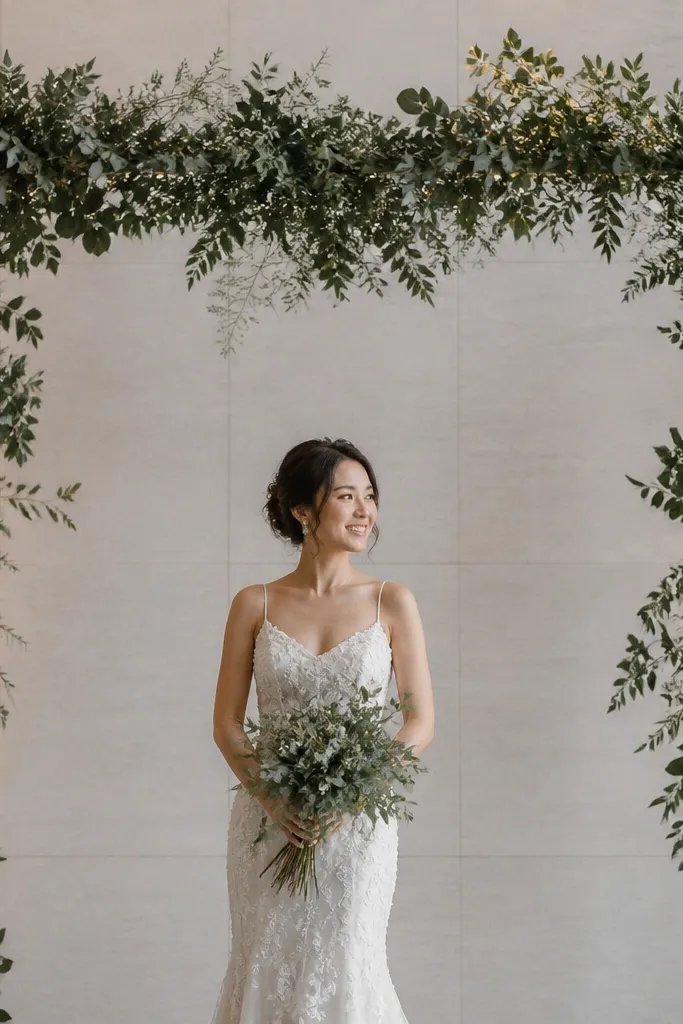 Thin rod across the stage with a monochrome greenery garland hanging lightly
