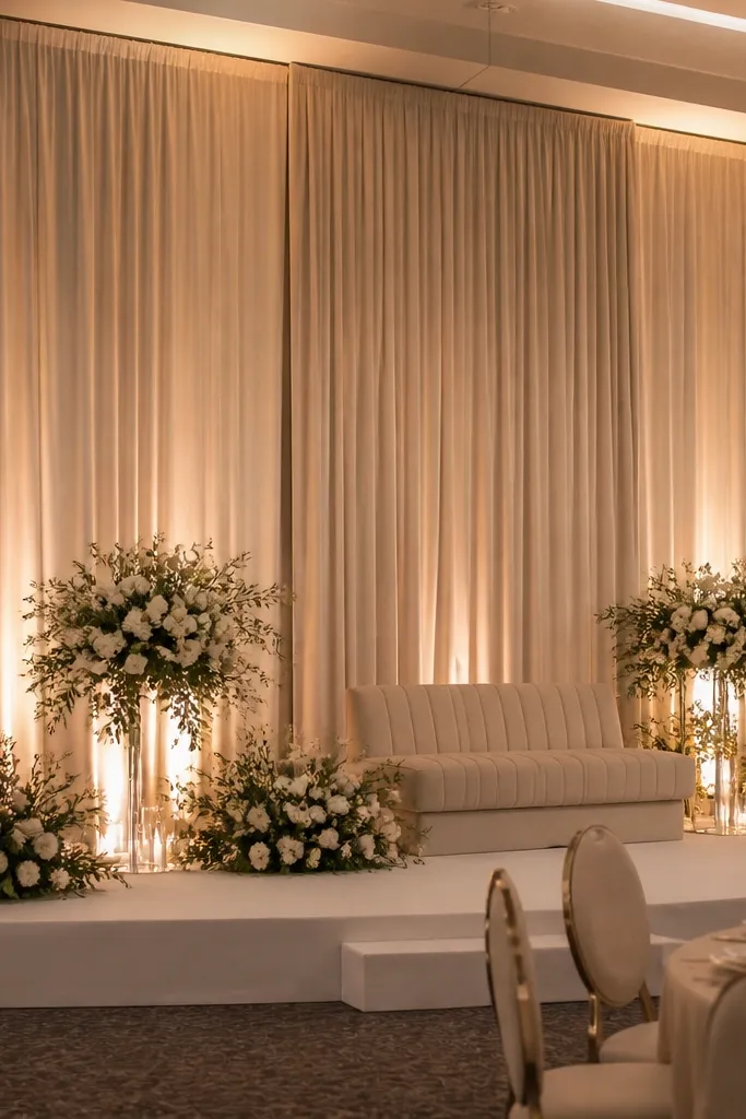 Monochrome silk panels draped behind the stage with subtle ties
