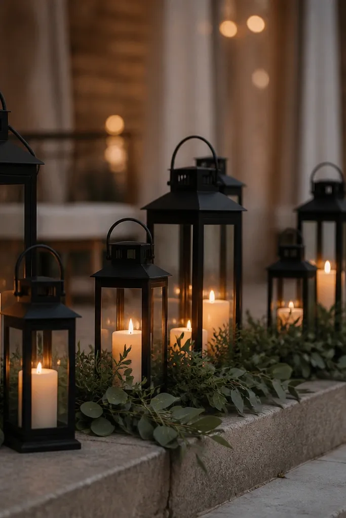 Matte black lantern clusters with a thin greenery base on a minimalist stage