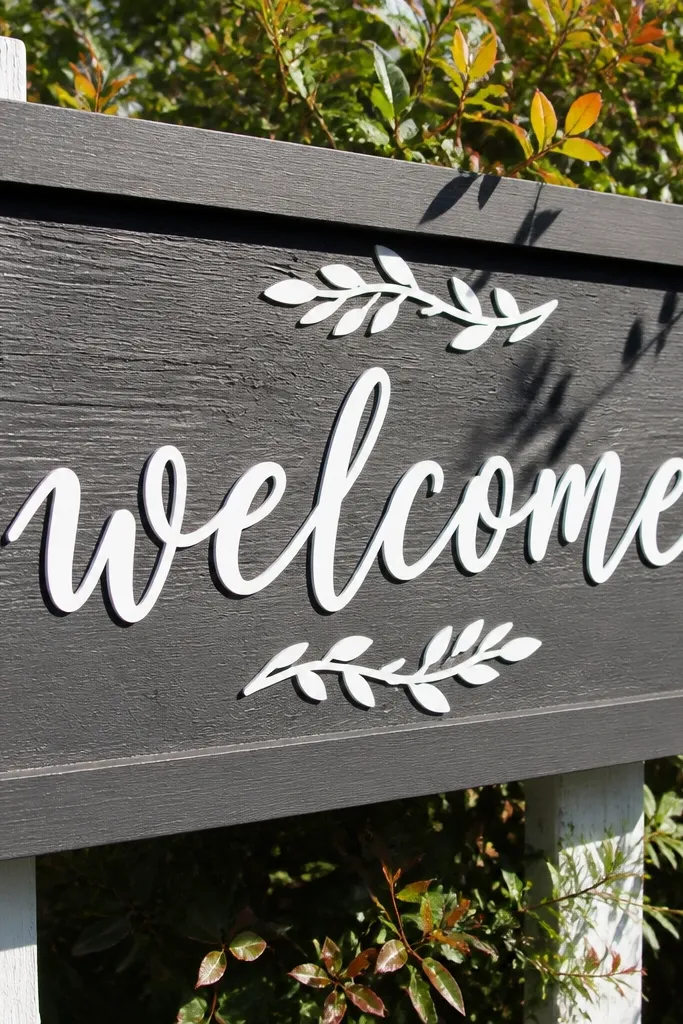 Dark charcoal frame around a wood board with white cursive welcome text