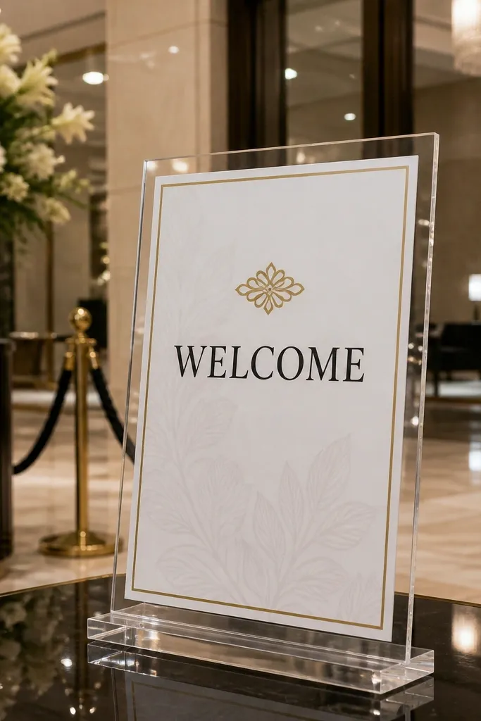 Clear acrylic sign with a white card insert and a thin gold line border