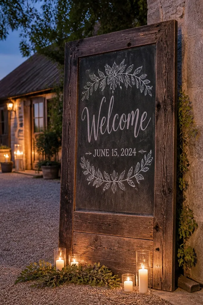 Reclaimed door with a chalkboard panel and white chalk welcome lettering