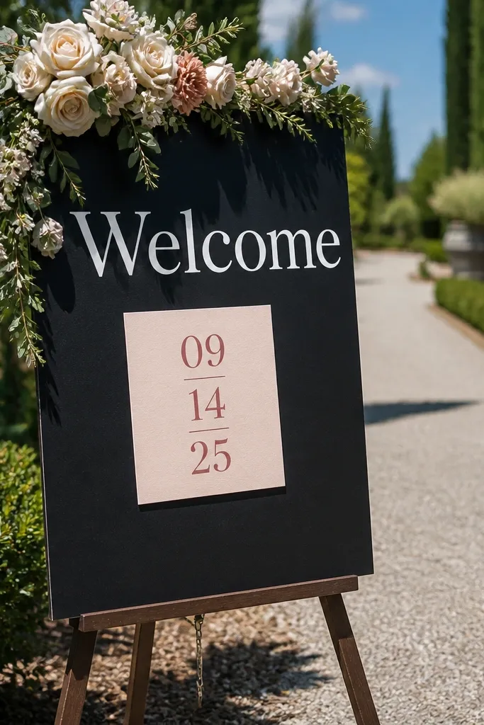 Black foam board with large white serif welcome text and a centered date block