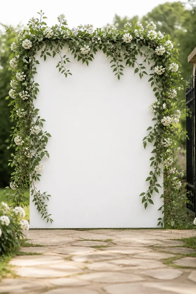 White board with welcome text wrapped in soft green greenery garland