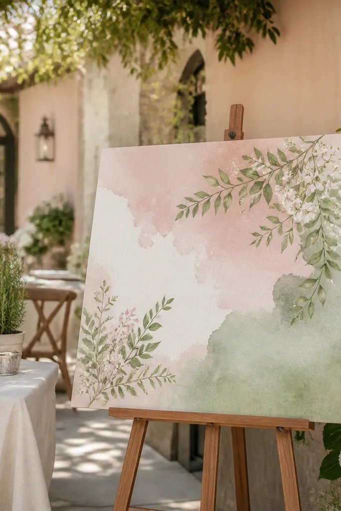 Blush and sage watercolor welcome sign with big centered lettering