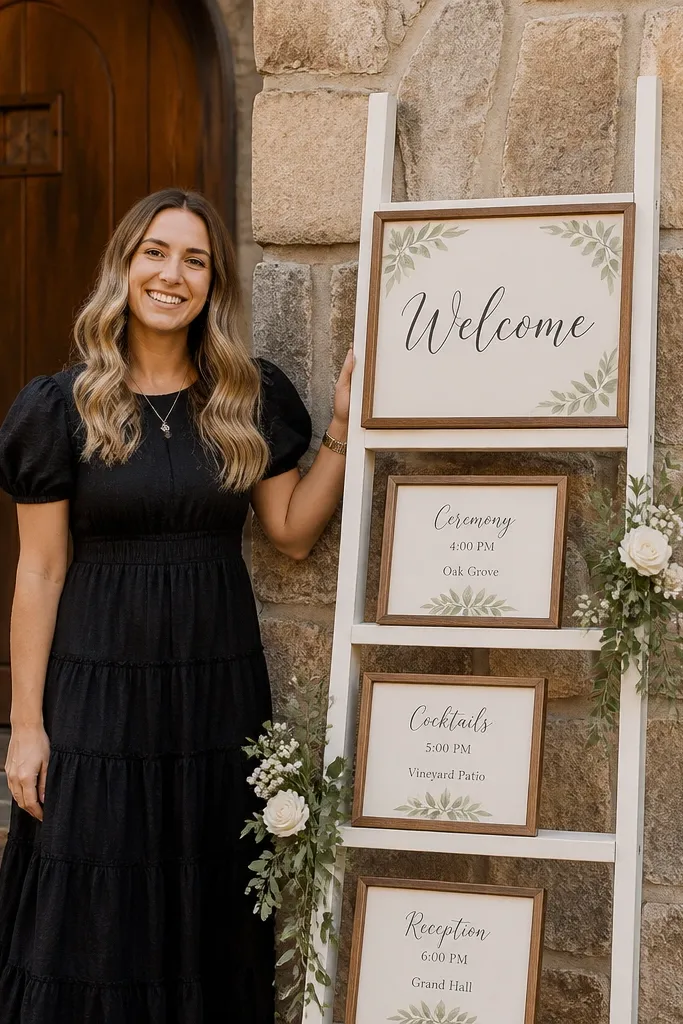 White ladder with two framed welcome signs and florals on the base