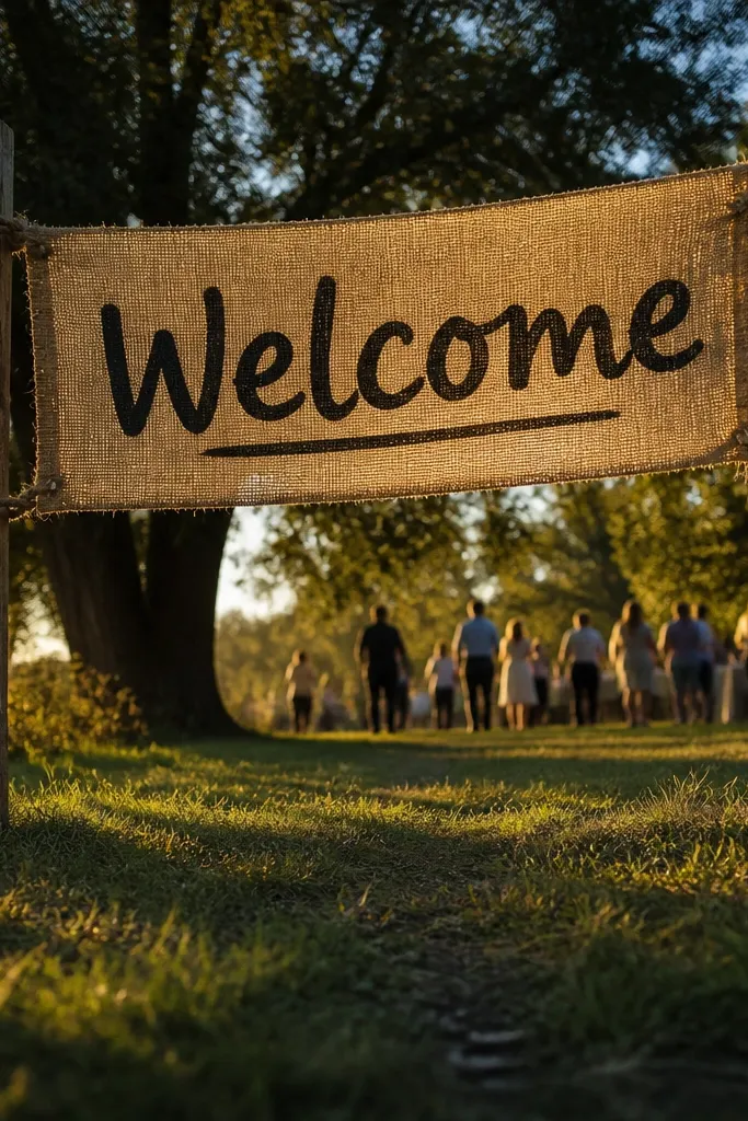 Burlap banner stretched across posts with black welcome hand-lettering