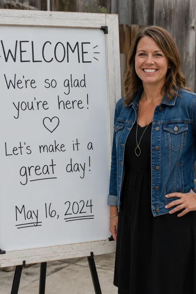Whiteboard welcome sign with bold black letters and a small date line