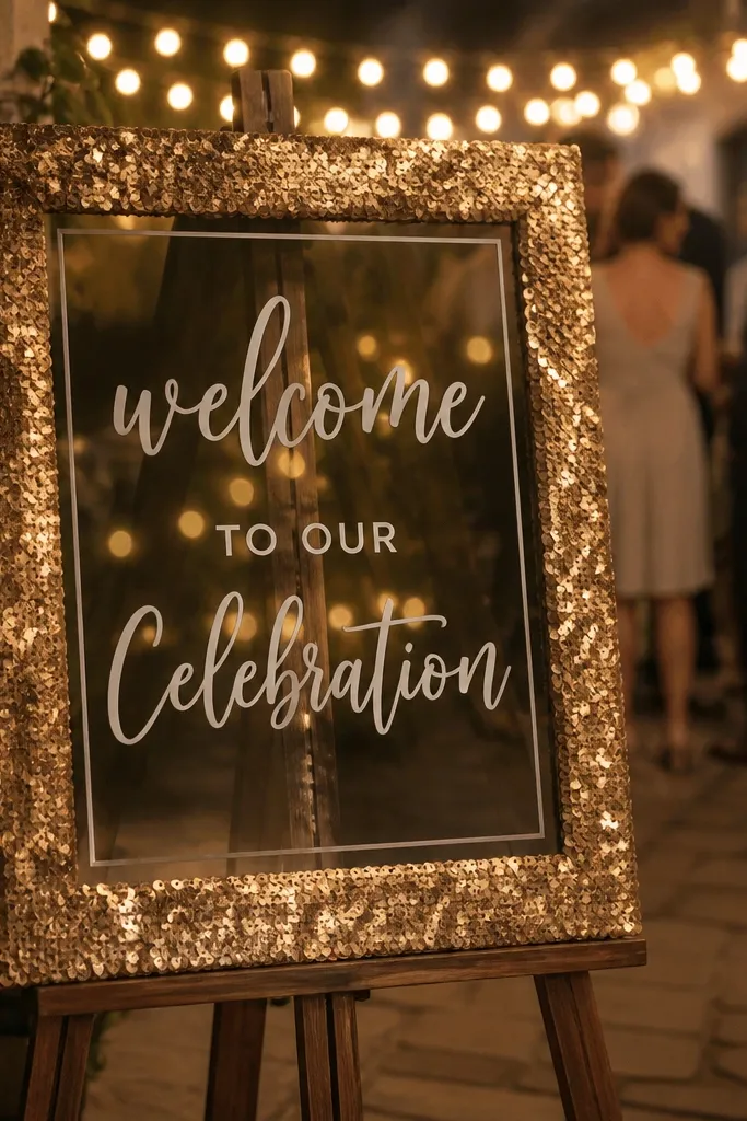 Clear acrylic welcome sign surrounded by a sequin frame
