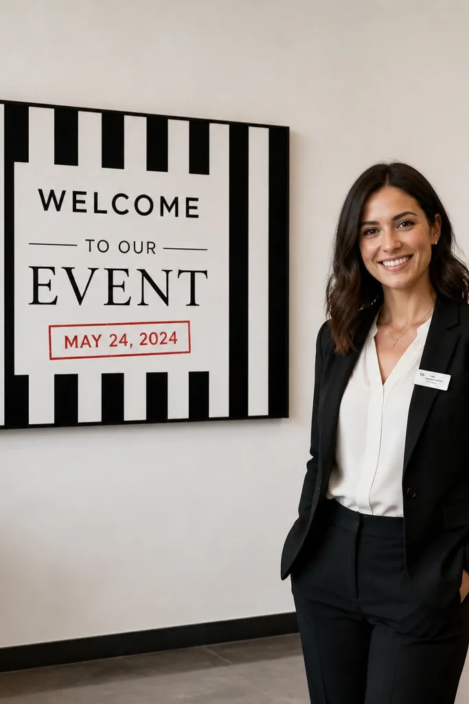 Black-and-white striped welcome sign with a red circular date stamp