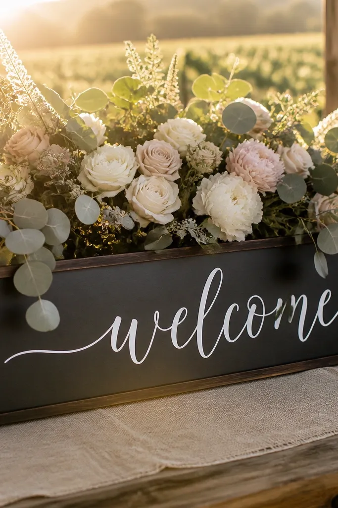 Long horizontal welcome sign on an entry table with stacked florals behind it