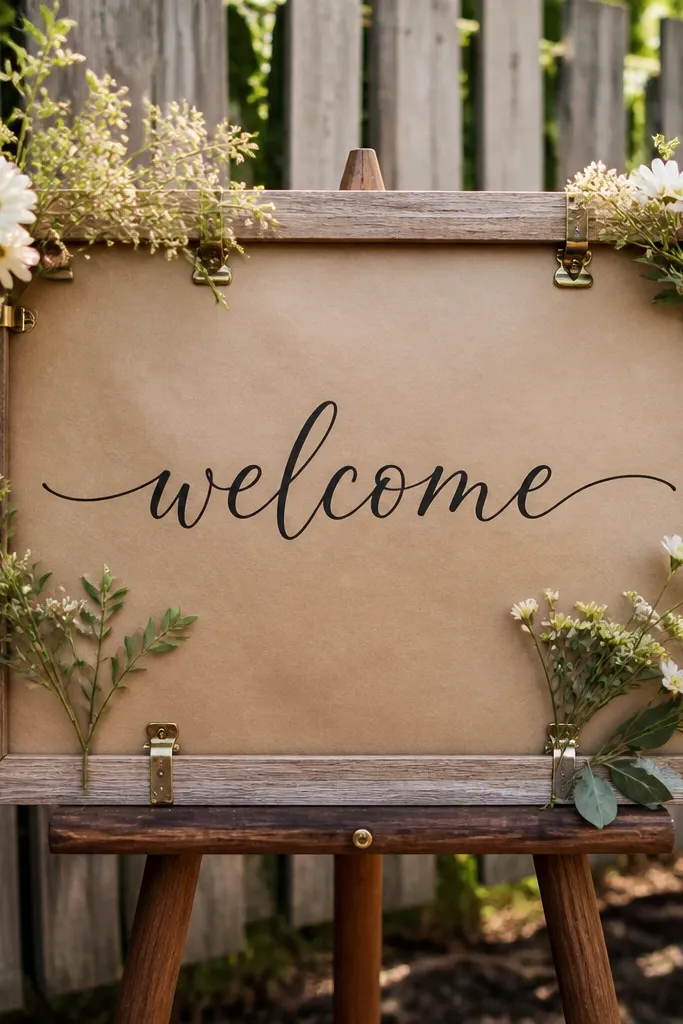 Wood frame with craft paper backing and small clipped flowers around welcome text
