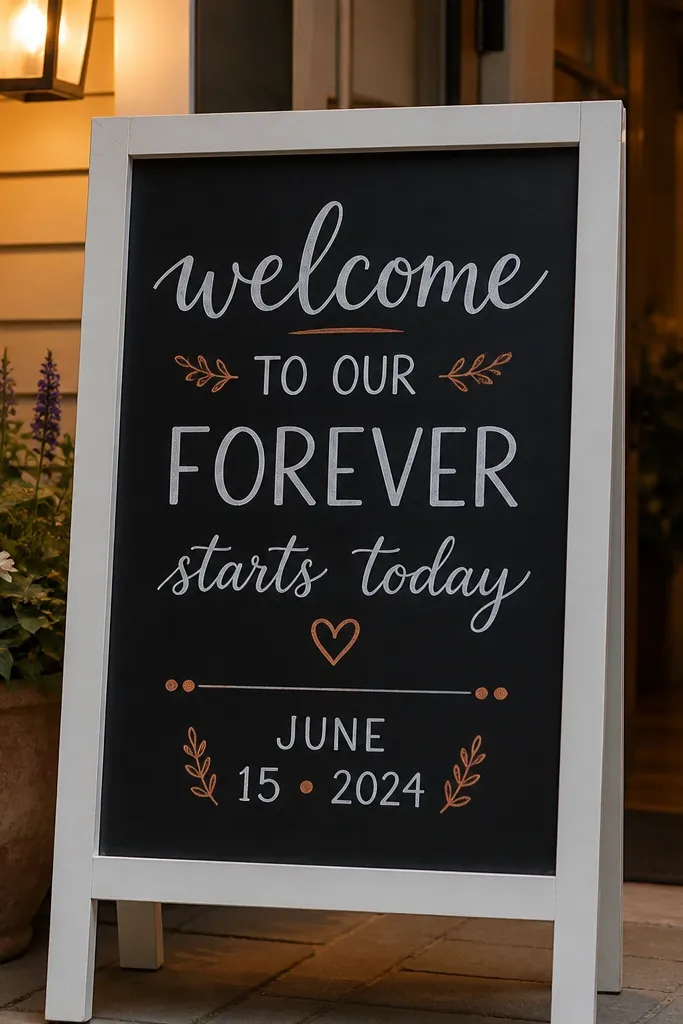 White framed chalkboard welcome sign with terracotta painted date accents