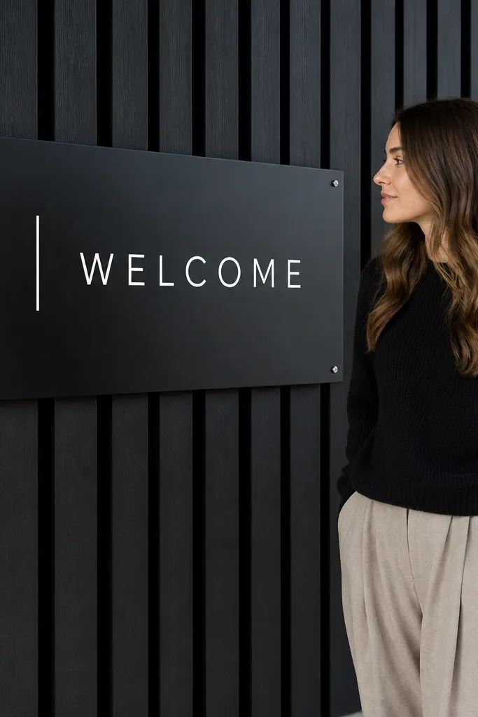 Black slatted wood panel with white modern welcome typography
