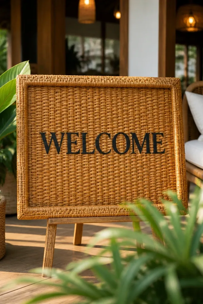 Rattan-framed welcome sign with woven texture background and dark lettering