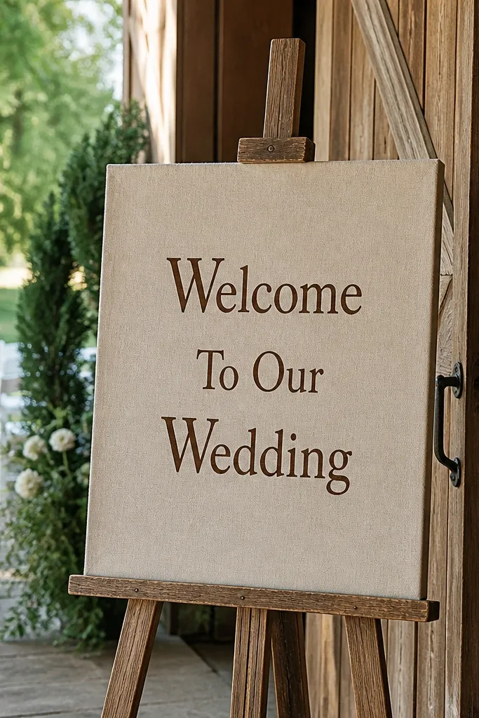 Oat-colored linen welcome sign with dark espresso lettering on a simple wooden stand