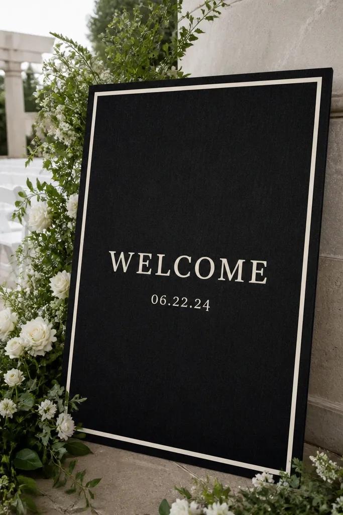 Black linen welcome sign with an ivory border and small date text in serif lettering