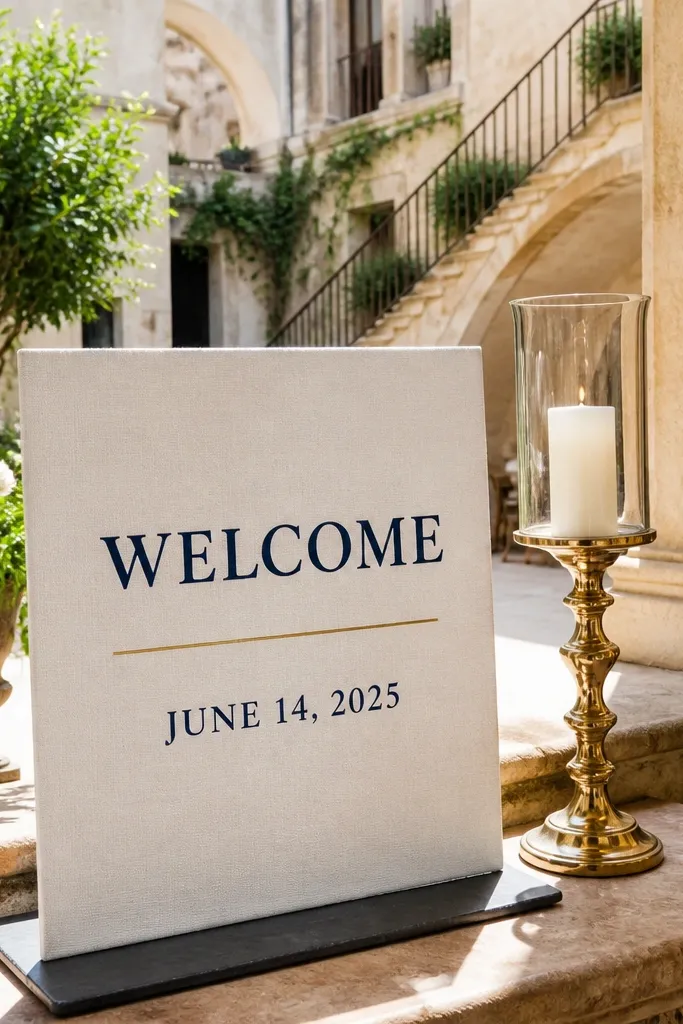 Ivory linen welcome sign with deep navy text and a thin gold divider line