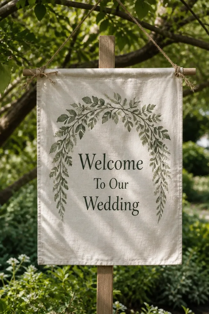 Natural linen welcome sign with a soft greenery arch above the text