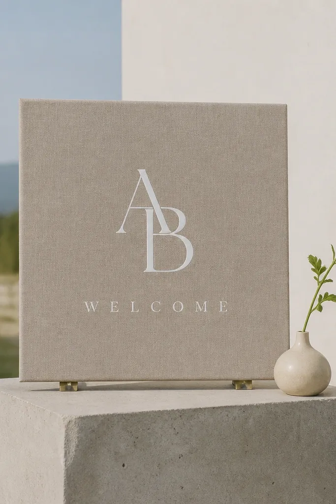 Square linen welcome sign with a centered monogram and small caps welcome text
