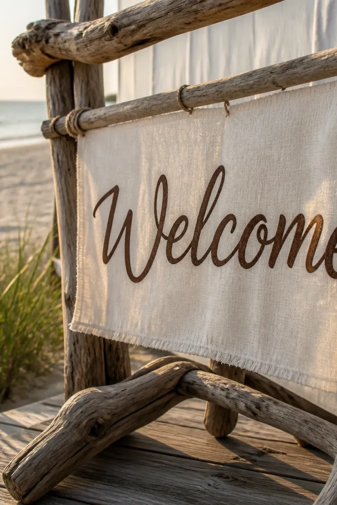 Natural linen welcome sign on a driftwood-style wooden stand with hand-lettered style text