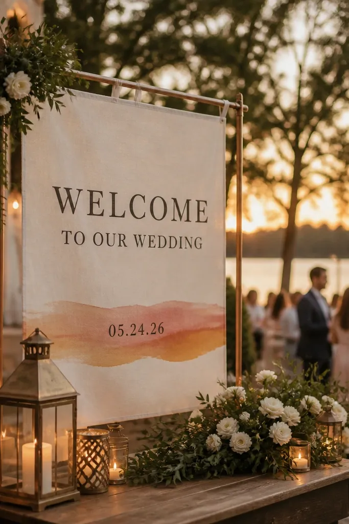 Ivory linen welcome sign with a soft sunset gradient behind the date text