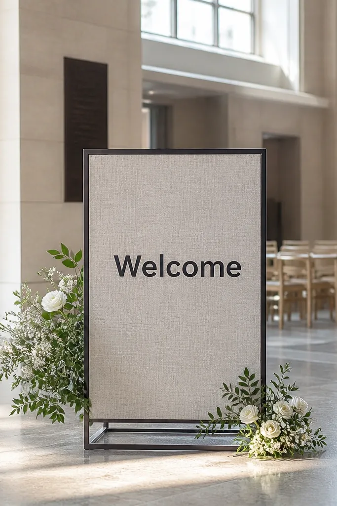 Natural linen welcome sign with a minimalist thin frame and bold sans welcome text
