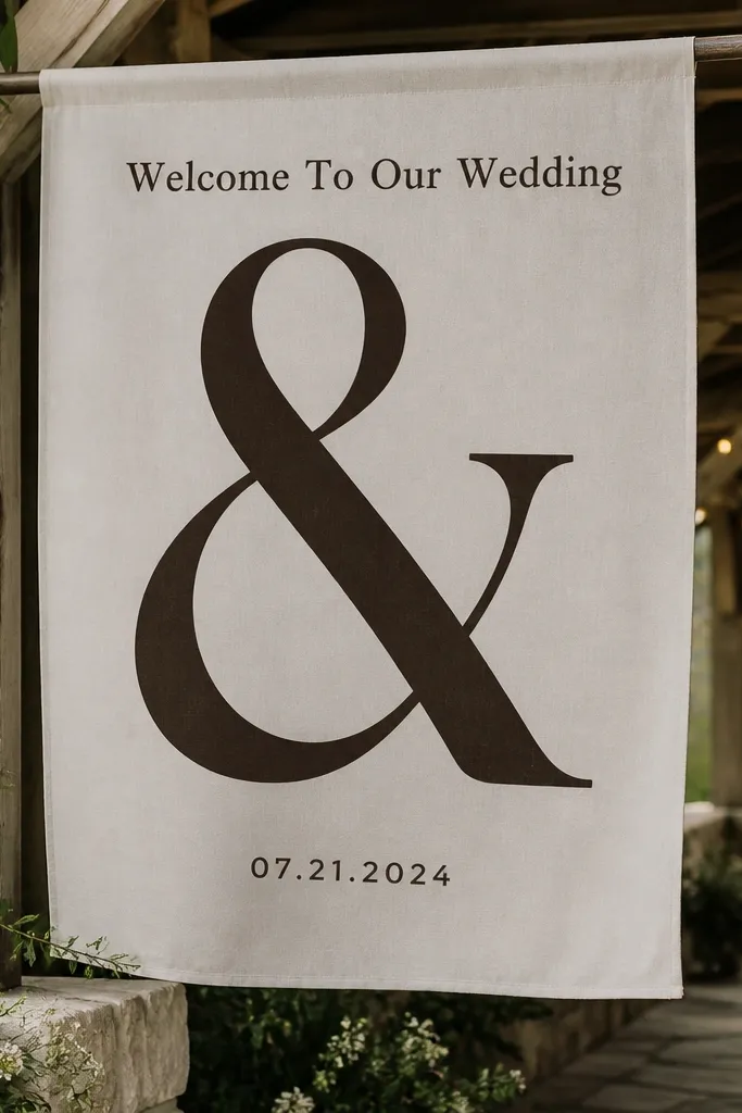 Ivory linen welcome sign with a large ampersand symbol and small date text
