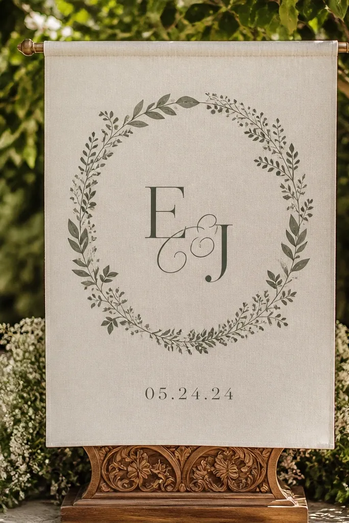 Oat linen welcome sign with a circular monogram wreath and date centered at the bottom