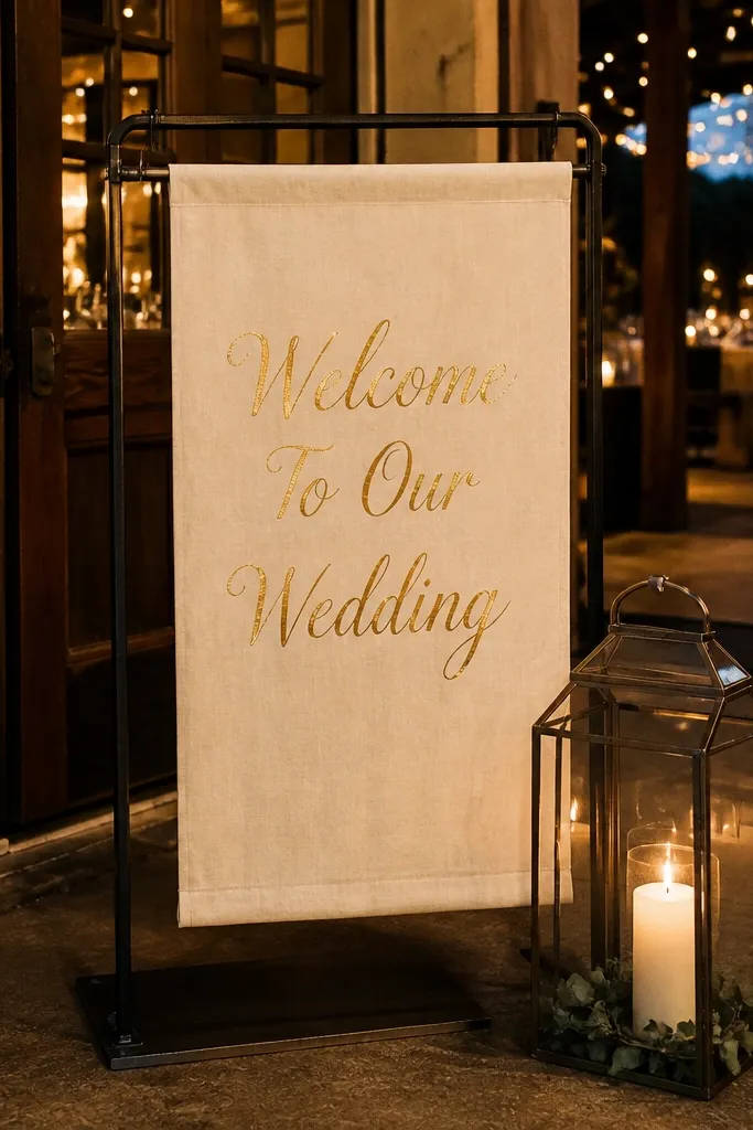 Neutral linen welcome sign with gold-toned lettering and a simple centered layout
