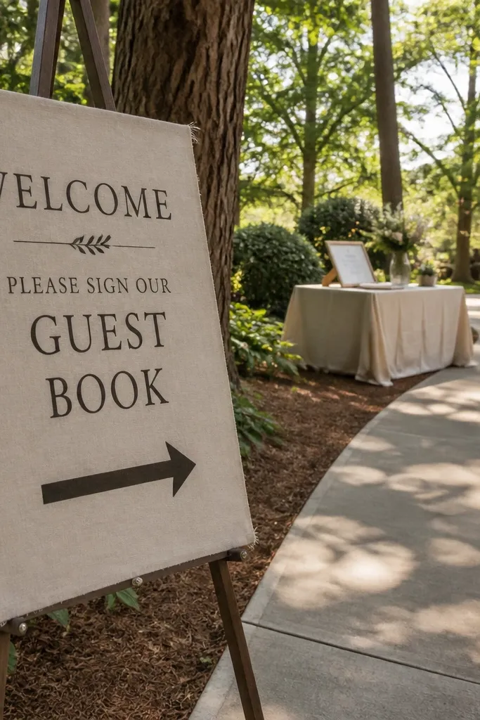Ivory linen welcome sign with a large arrow pointing toward a guest book table