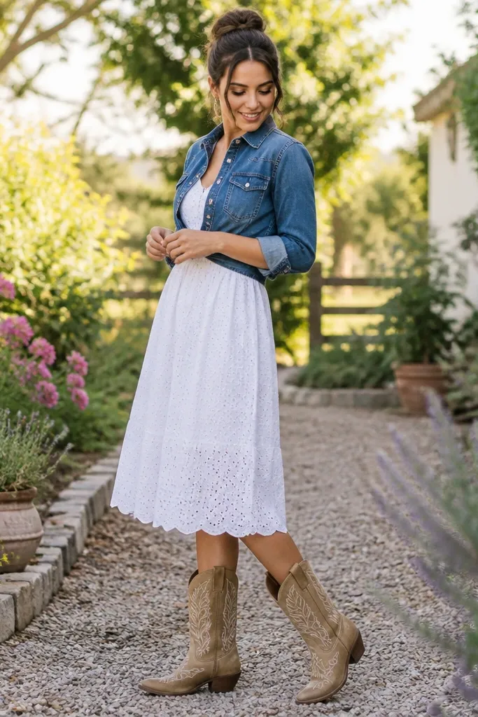 Blue denim shirt worn over a white eyelet midi dress with tan cowboy boots
