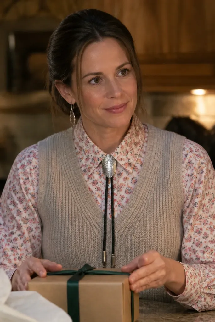 Sweater vest with a bolo tie over a floral button-down and dark jeans