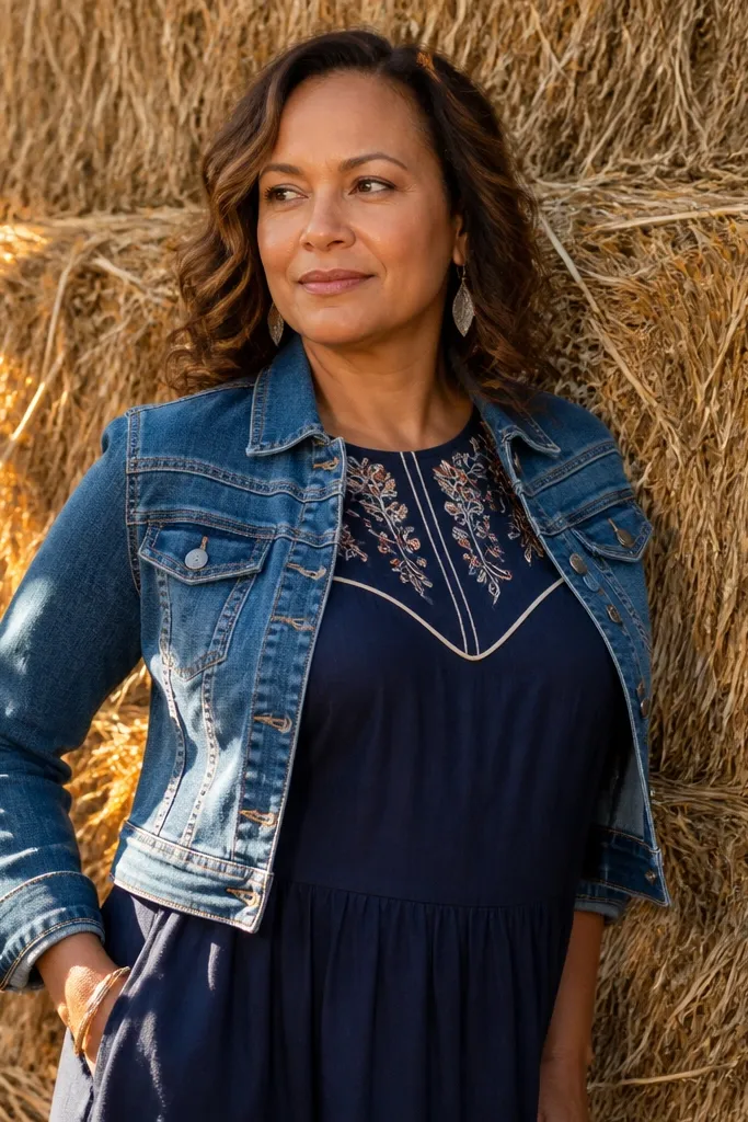 Western yoke dress under a cropped denim jacket with tan boots