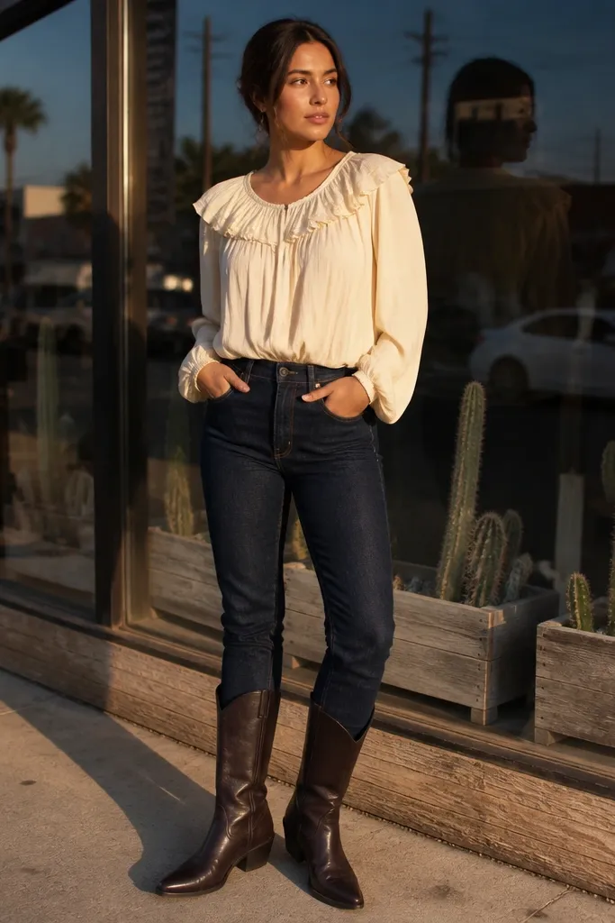 Ruffled sleeve peasant blouse with dark denim jeans and brown boots