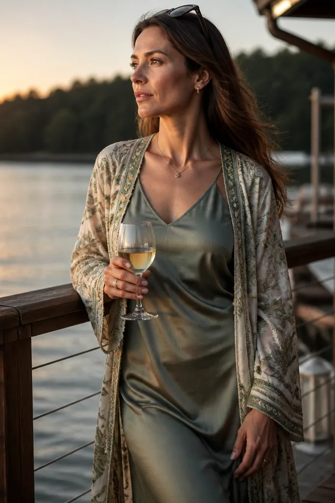 Sage slip dress with an embroidered kimono cardigan and tan heels or boots