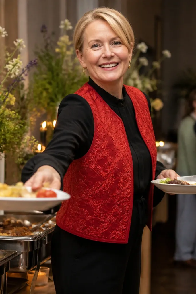 Black jumpsuit with a red embroidered vest and brown cowboy boots